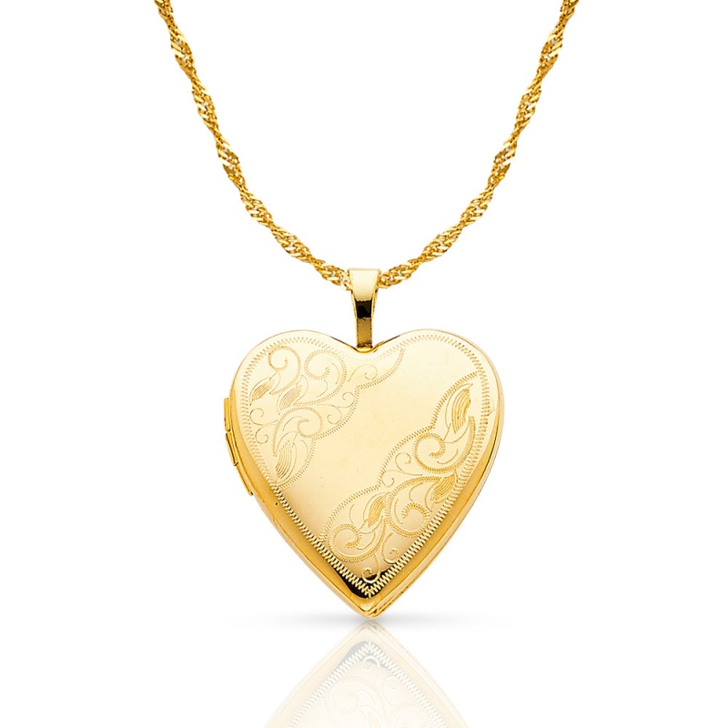 14K Gold Engraved Heart Locket Charm Pendant With 1.2Mm Singapore Chain Necklace