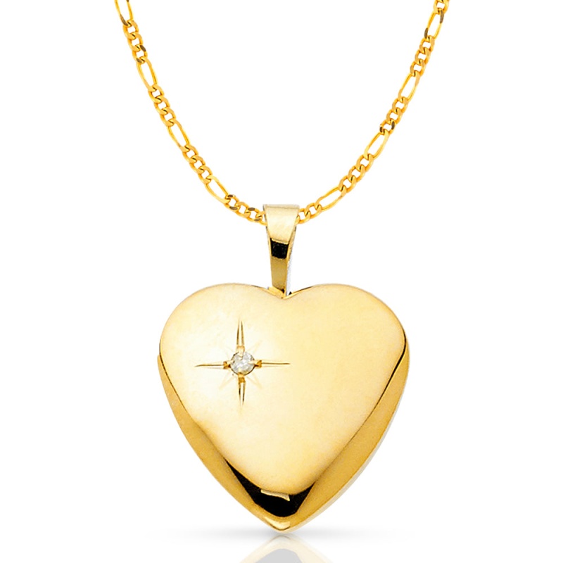 14K Gold Heart Locket Charm Pendant With 2.3Mm Figaro 3+1 Chain Necklace