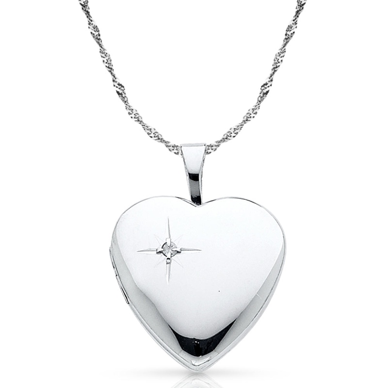 14K Gold Heart With Cz Locket Pendant With 1.2Mm Singapore Chain