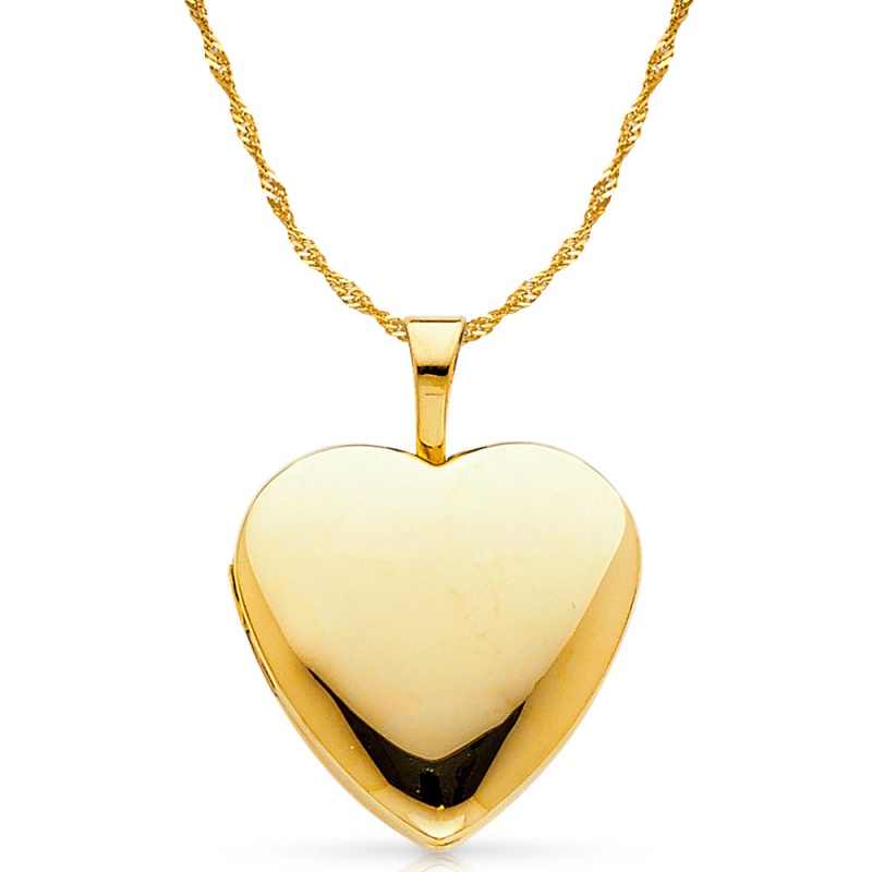 14K Gold Plain Heart Locket Charm Pendant With 1.2Mm Singapore Chain Necklace