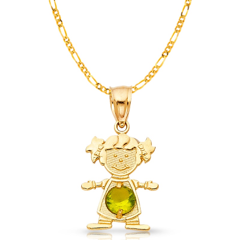 14K Gold August Birthstone Cz Girl Charm Pendant With 2Mm Figaro 3+1 Chain Necklace