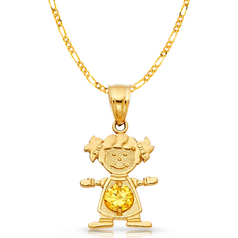 14K Gold November Birthstone Cz Girl Charm Pendant With 2Mm Figaro 3+1 Chain Necklace