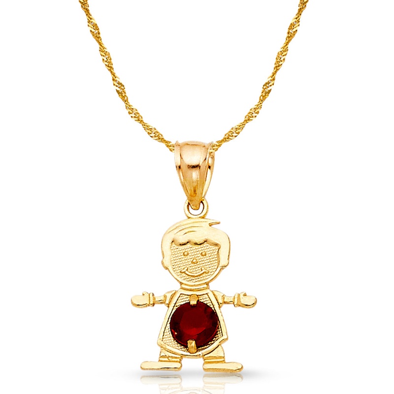 14K Gold January Birthstone Cz Boy Charm Pendant With 0.9Mm Singapore Chain Necklace