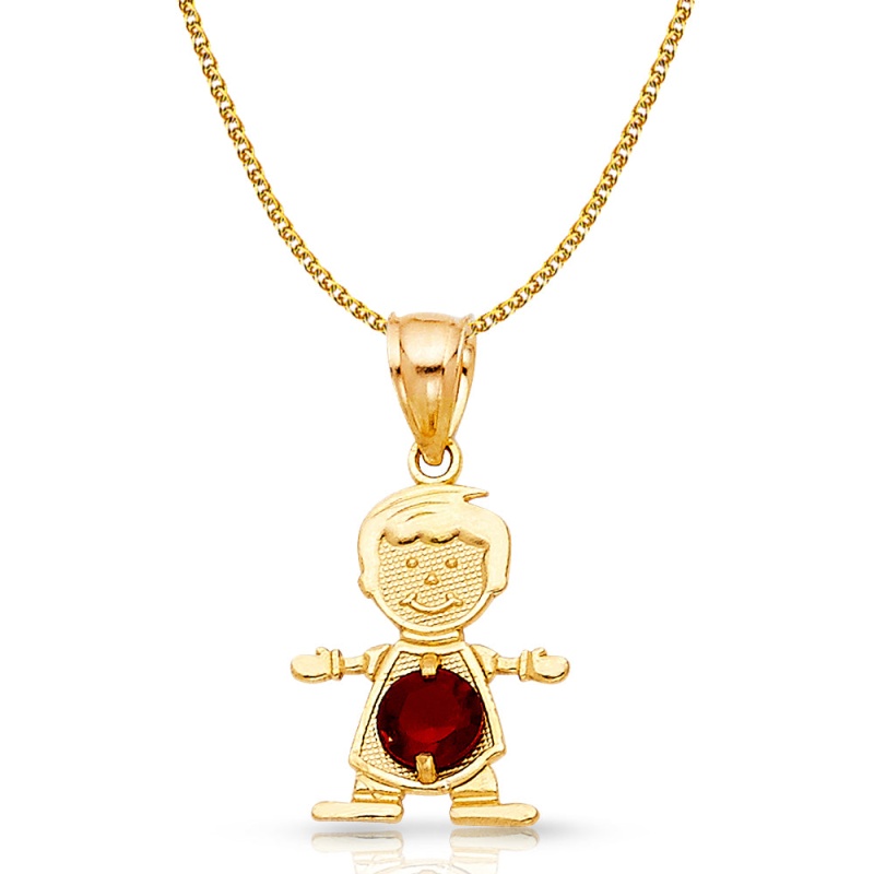 14K Gold January Birthstone Cz Boy Charm Pendant With 1.2Mm Flat Open Wheat Chain Necklace