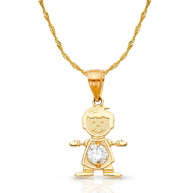14K Gold April Birthstone Cz Boy Charm Pendant With 0.9Mm Singapore Chain Necklace