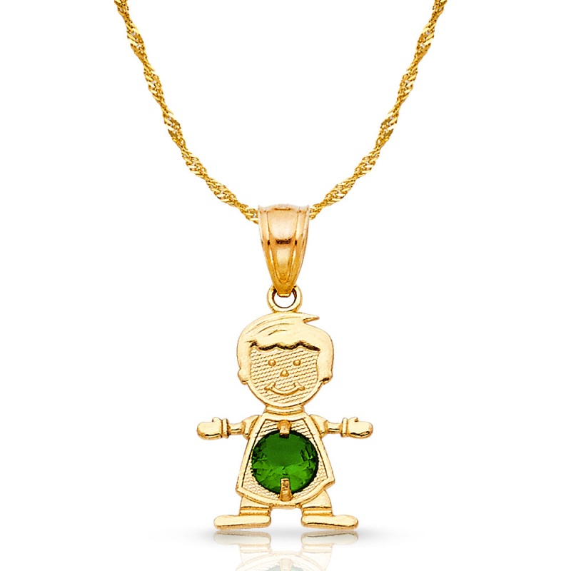 14K Gold May Birthstone Cz Boy Charm Pendant With 0.9Mm Singapore Chain Necklace