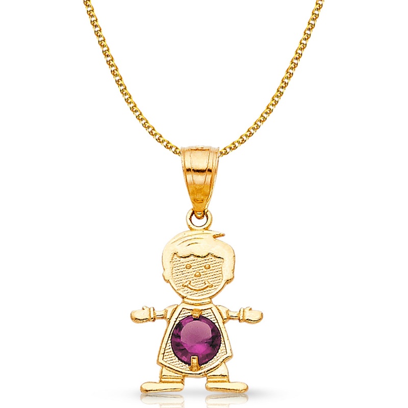 14K Gold June Birthstone Cz Boy Charm Pendant With 1.2Mm Flat Open Wheat Chain Necklace