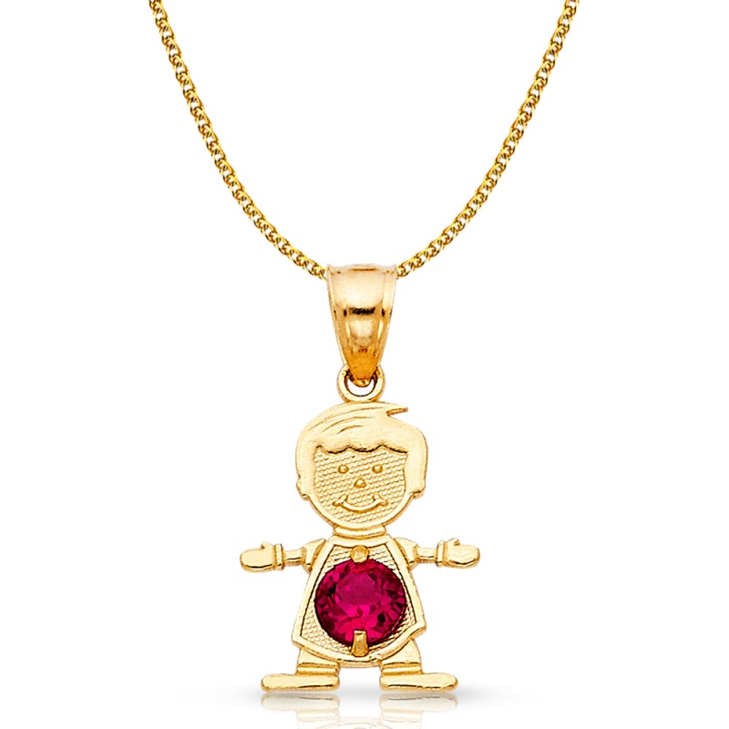 14K Gold July Birthstone Cz Boy Charm Pendant With 1.2Mm Flat Open Wheat Chain Necklace