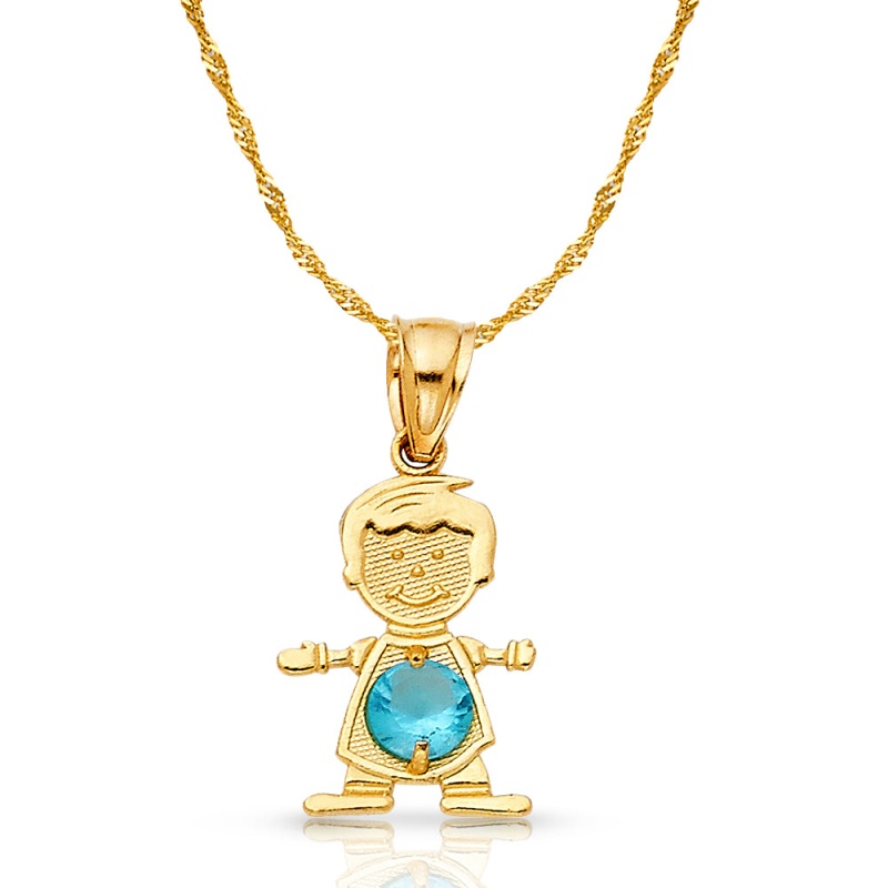 14K Gold Birthstone Cz Boy Charm Pendant With 0.9Mm Singapore Chain Necklace