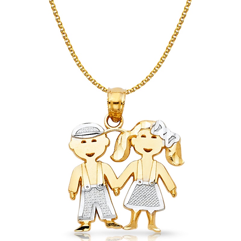 14K Gold Girl & Boy Brother & Sister Charm Pendant With 1.2Mm Flat Open Wheat Chain Necklace