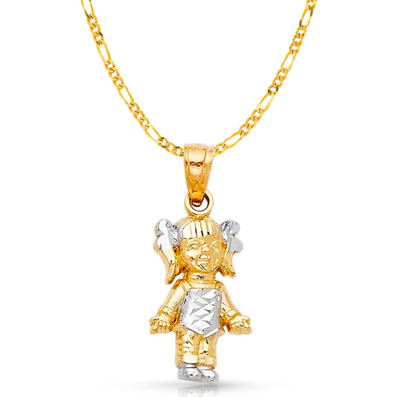 14K Gold Happy Girl Charm Pendant With 2Mm Figaro 3+1 Chain Necklace