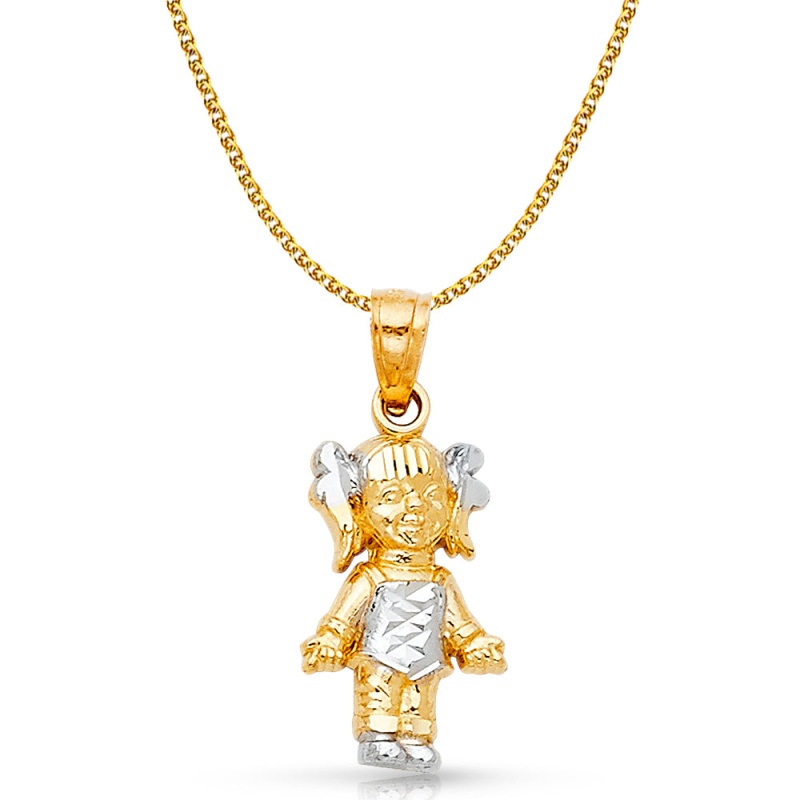 14K Gold Happy Girl Charm Pendant With 1.2Mm Flat Open Wheat Chain Necklace