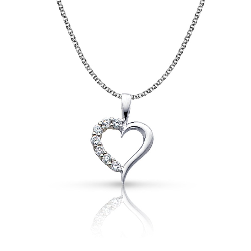 14K Gold Journey Hollow Heart Cz Pendant With 1.3Mm Flat Open Wheat Chain