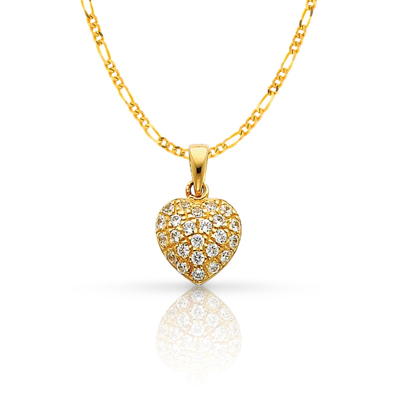 14K Gold Heart Cluster Cz Charm Pendant With 2Mm Figaro 3+1 Chain Necklace
