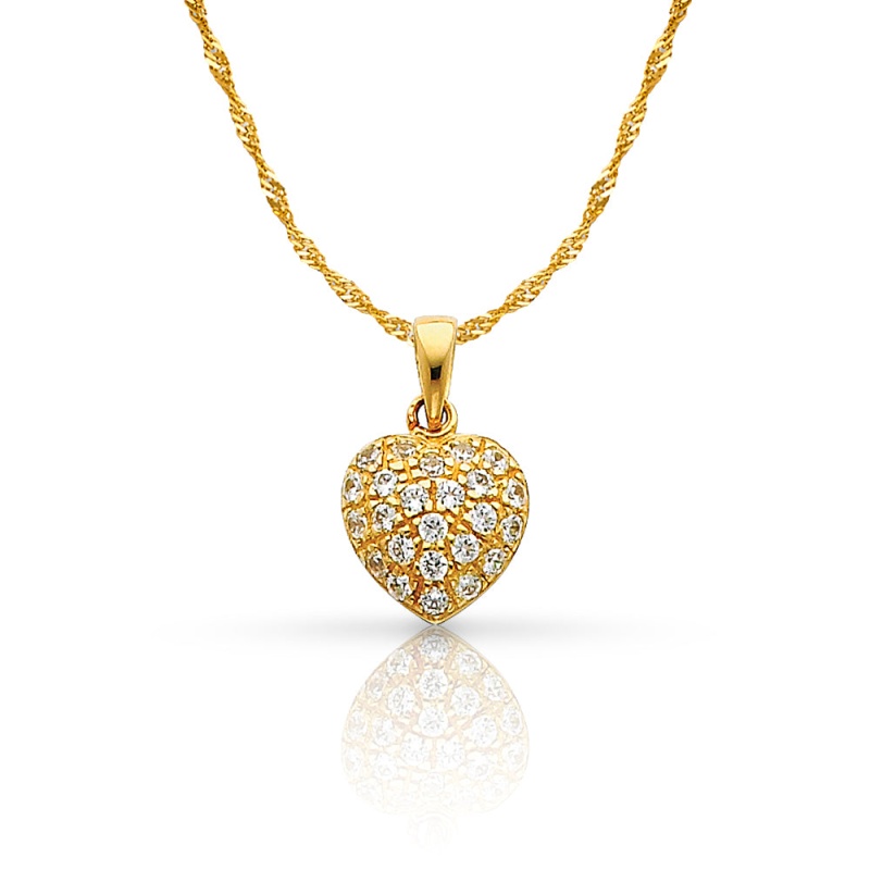14K Gold Heart Cluster Cz Charm Pendant With 0.9Mm Singapore Chain Necklace