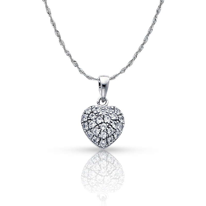 14K Gold Heart Cluster Cz Pendant With 1.5Mm Rope Chain