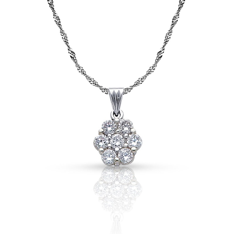14K Gold Flower Cluster Cz Pendant With 1.2Mm Singapore Chain