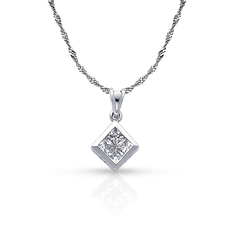 14K Gold Square Cz Pendant With 1.2Mm Singapore Chain