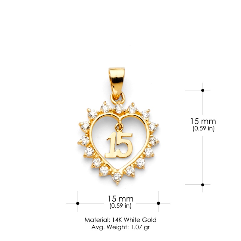 14K Gold Heart 15 Years Birthday Quinceanera Cz Charm Pendant