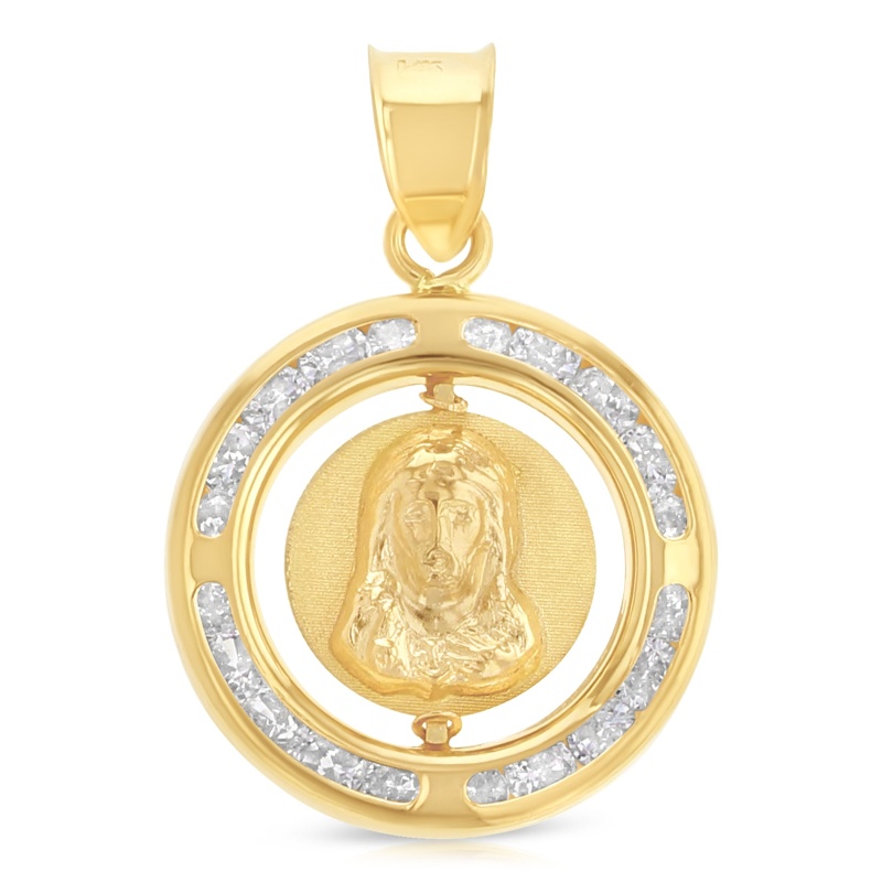14K Gold Double Sided Round Religious Charm Pendant With 0.8Mm Box Chain Necklace