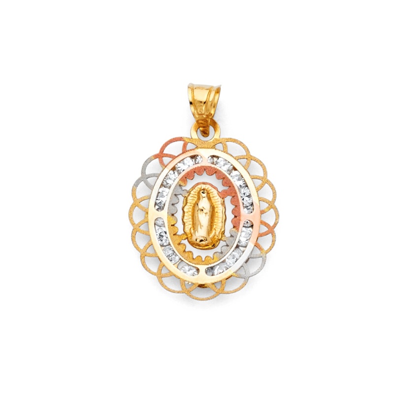 14K Gold Guadalupe Cz Religious Pendant
