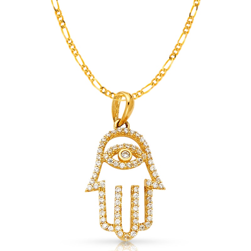 14K Gold Evil Eye Cz Charm Pendant With 2Mm Figaro 3+1 Chain Necklace