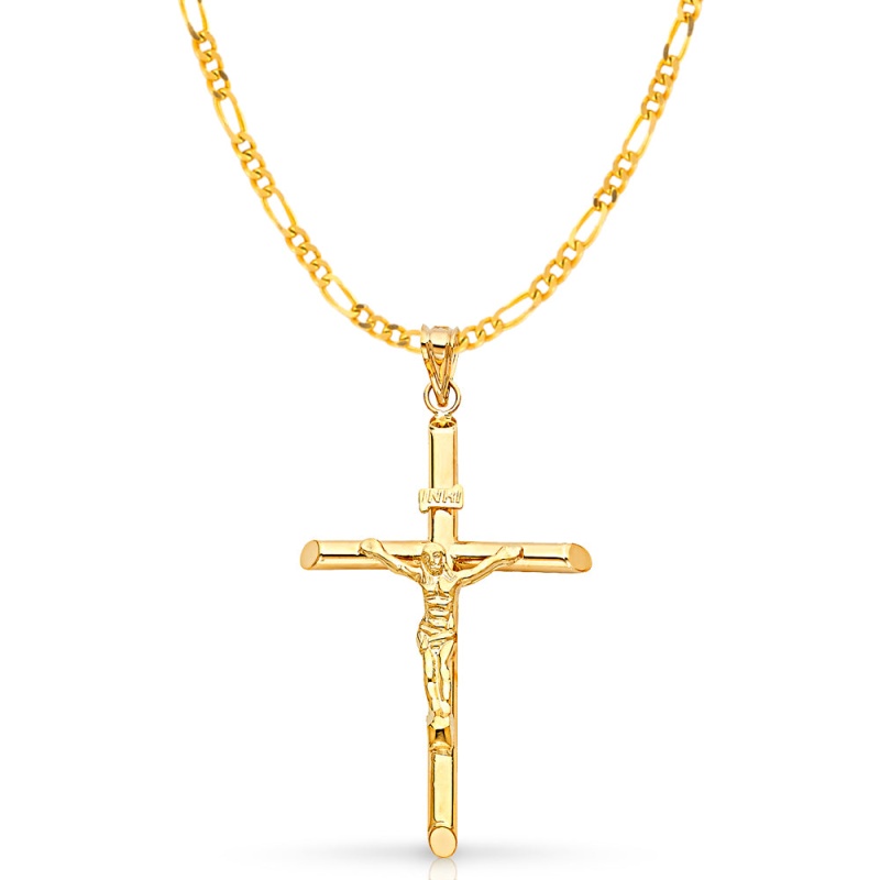 14K Gold Crucifix Pendant With 3.8Mm Figaro 3+1 Chain