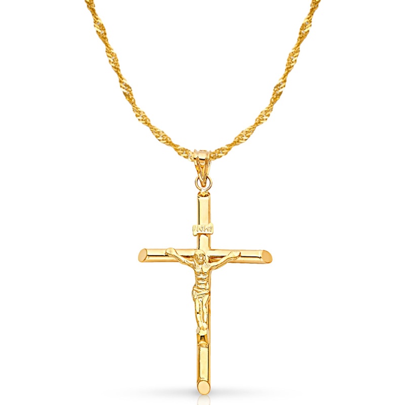 14K Gold Crucifix Pendant With 1.8Mm Singapore Chain