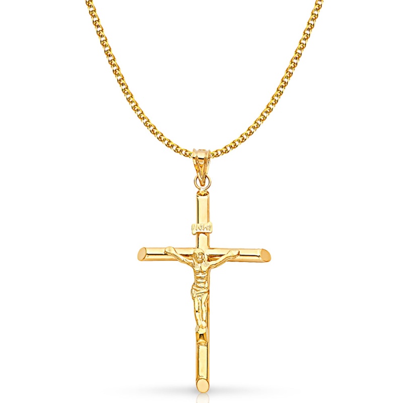 14K Gold Crucifix Pendant With 2Mm Flat Open Wheat Chain