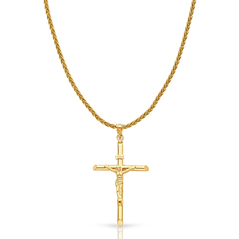 14K Gold Crucifix Charm Pendant With 1.4Mm Round Wheat Chain Necklace