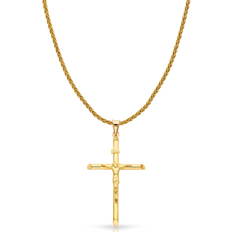 14K Gold Crucifix Charm Pendant With 1.4Mm Round Wheat Chain Necklace