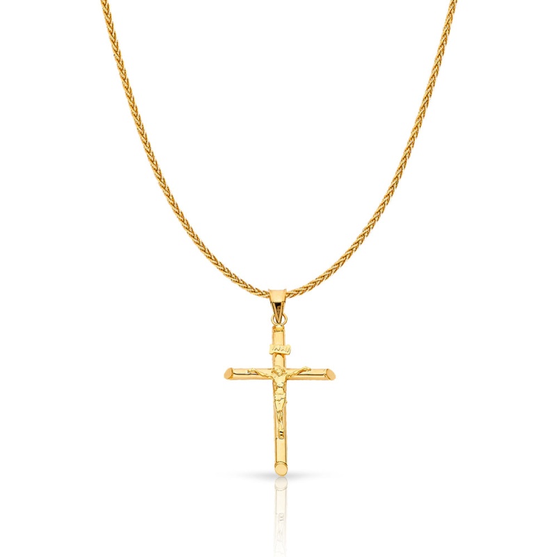 14K Gold Crucifix Charm Pendant With 1.1Mm Wheat Chain Necklace
