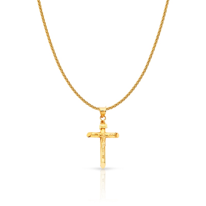 14K Gold Crucifix Charm Pendant With 1.1Mm Wheat Chain Necklace