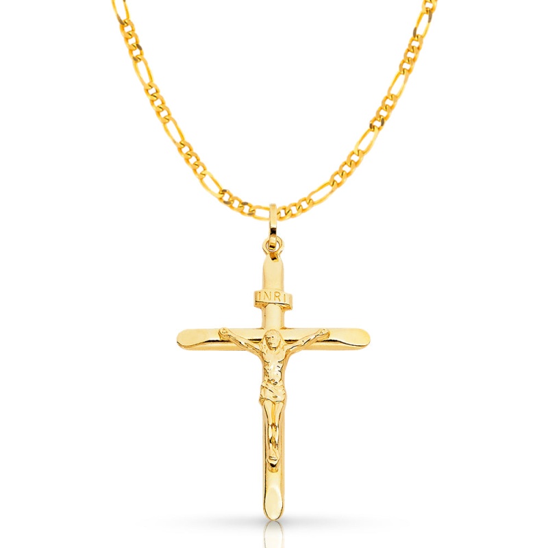 14K Gold Crucifix Pendant With 3.1Mm Figaro 3+1 Chain