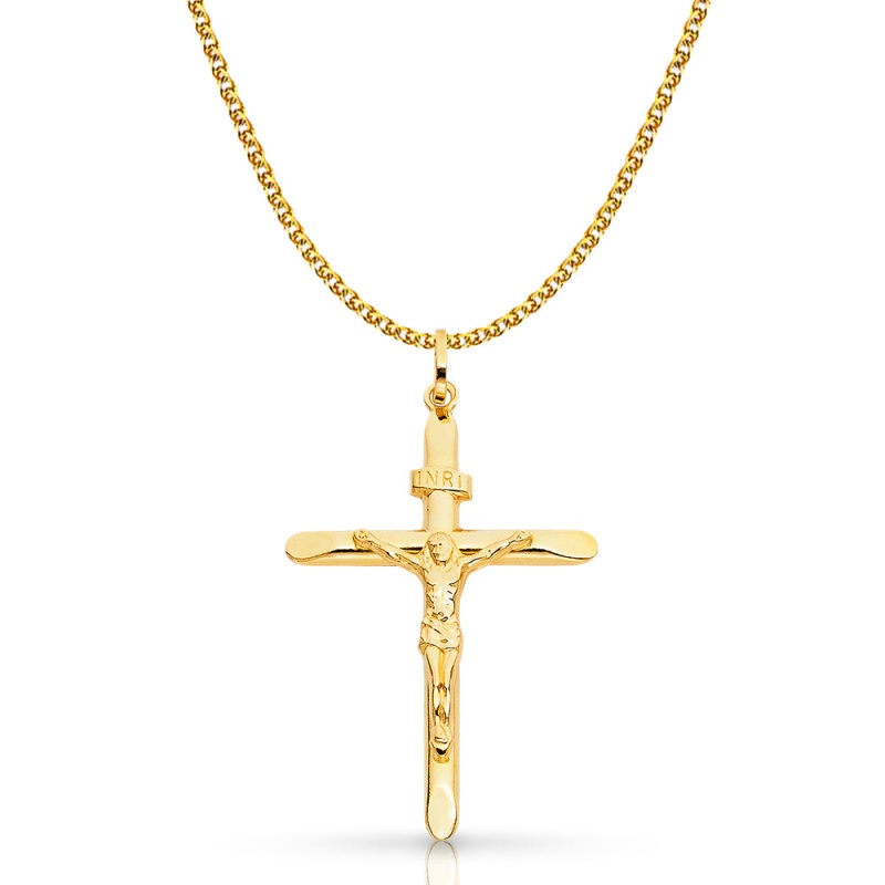14K Gold Crucifix Pendant With 1.7Mm Flat Open Wheat Chain