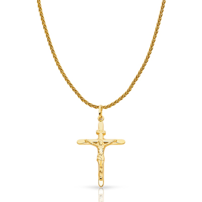 14K Gold Crucifix Charm Pendant With 1.4Mm Round Wheat Chain Necklace