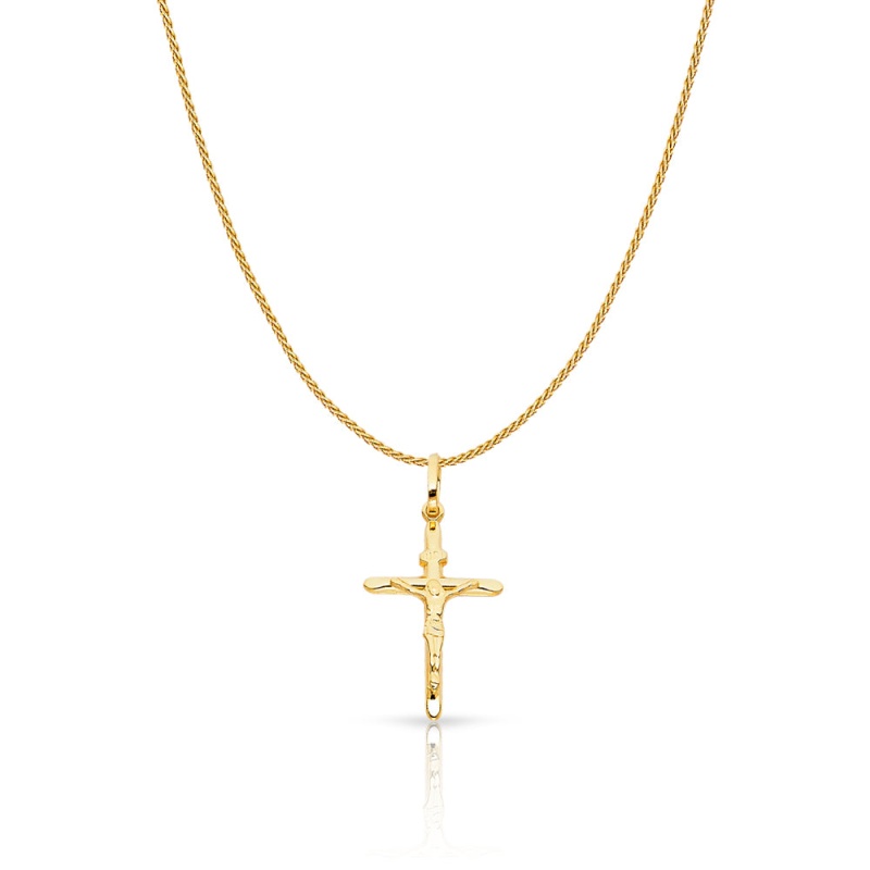 14K Gold Crucifix Charm Pendant With 0.9Mm Wheat Chain Necklace