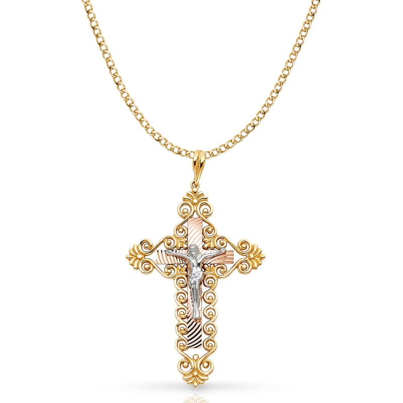 14K Gold Crucifix Pendant With 3.4Mm Hollow Cuban Chain