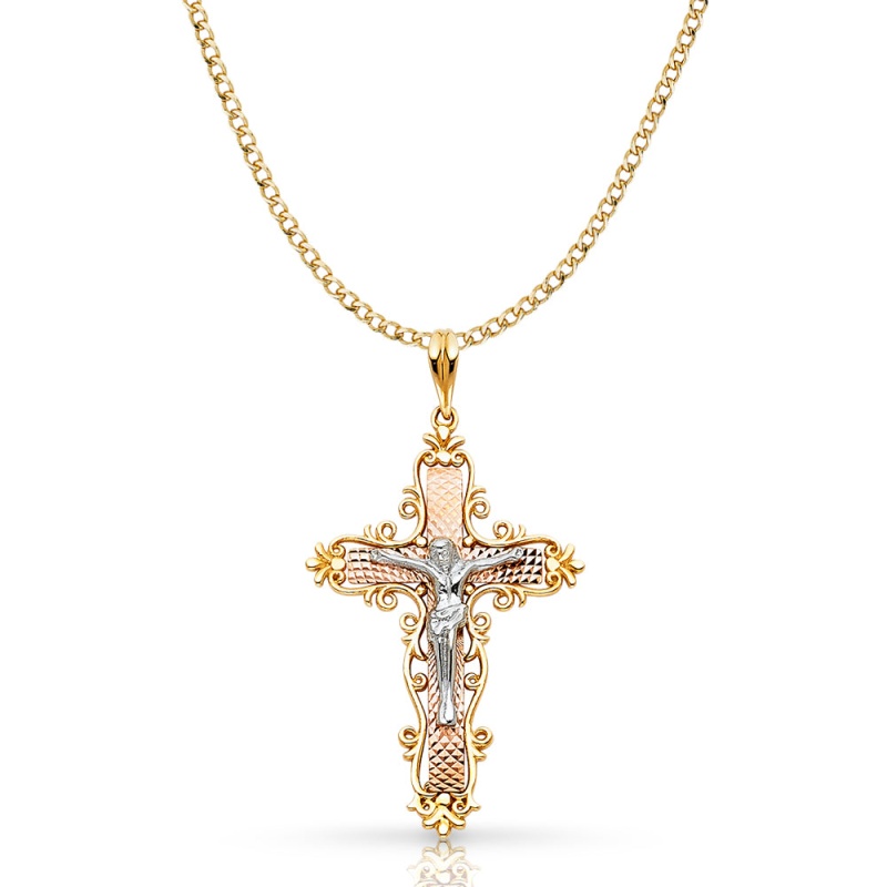 14K Gold Crucifix Pendant With 3.4Mm Hollow Cuban Chain