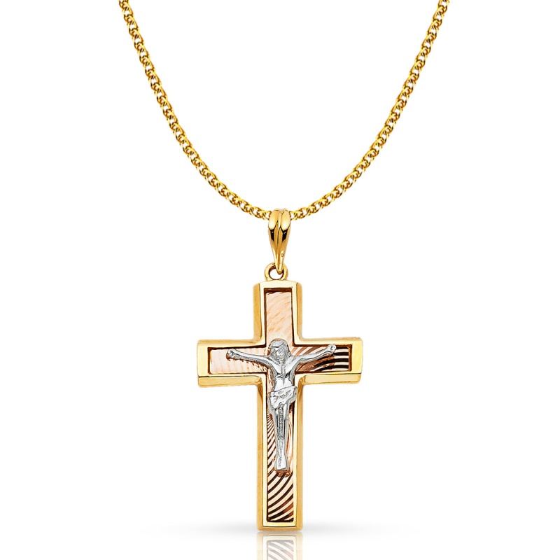 14K Gold Crucifix Pendant With 1.7Mm Flat Open Wheat Chain
