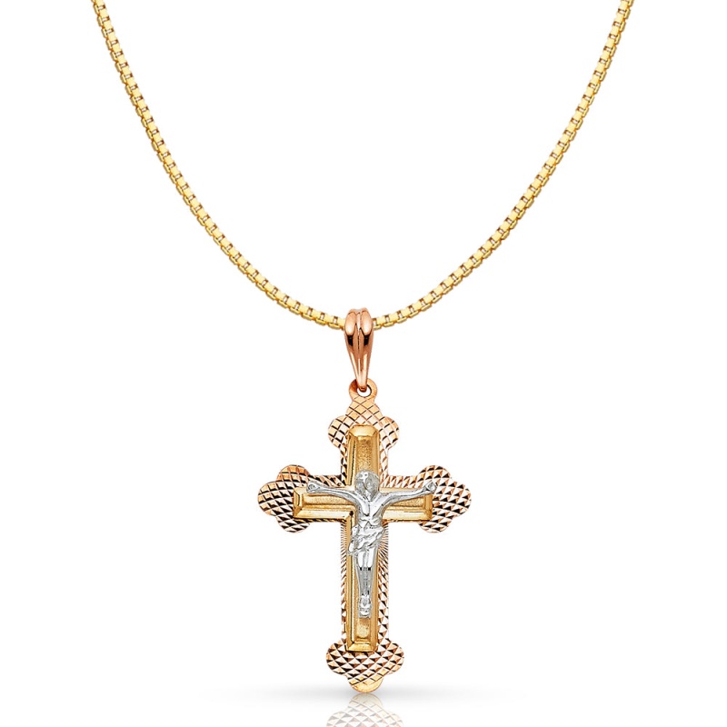 14K Gold Religious Crucifix Charm Pendant With 0.8Mm Box Chain Necklace