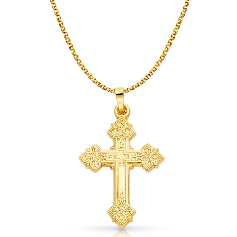 14K Gold Cross Charm Pendant With 1.5Mm Flat Open Wheat Chain Necklace