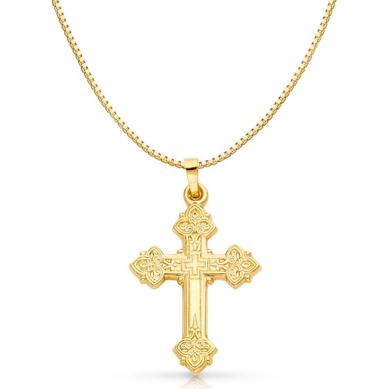14K Gold Religious Cross Charm Pendant With 0.8Mm Box Chain Necklace