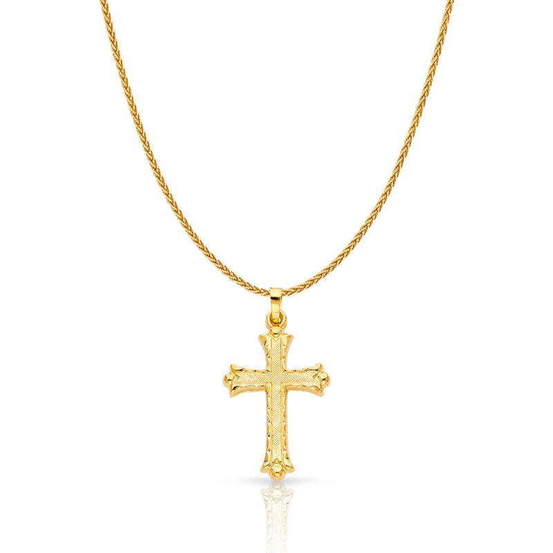 14K Gold Cross Charm Pendant With 1.1Mm Wheat Chain Necklace