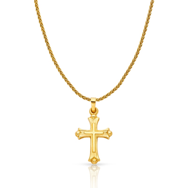 14K Gold Cross Charm Pendant With 1.1Mm Wheat Chain Necklace