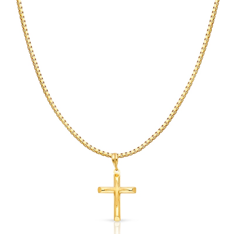 14K Gold Religious Cross Charm Pendant With 1.2Mm Box Chain Necklace