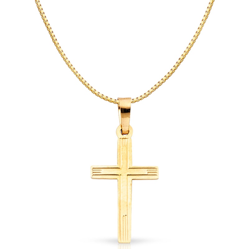 14K Gold Religious Cross Charm Pendant With 0.8Mm Box Chain Necklace