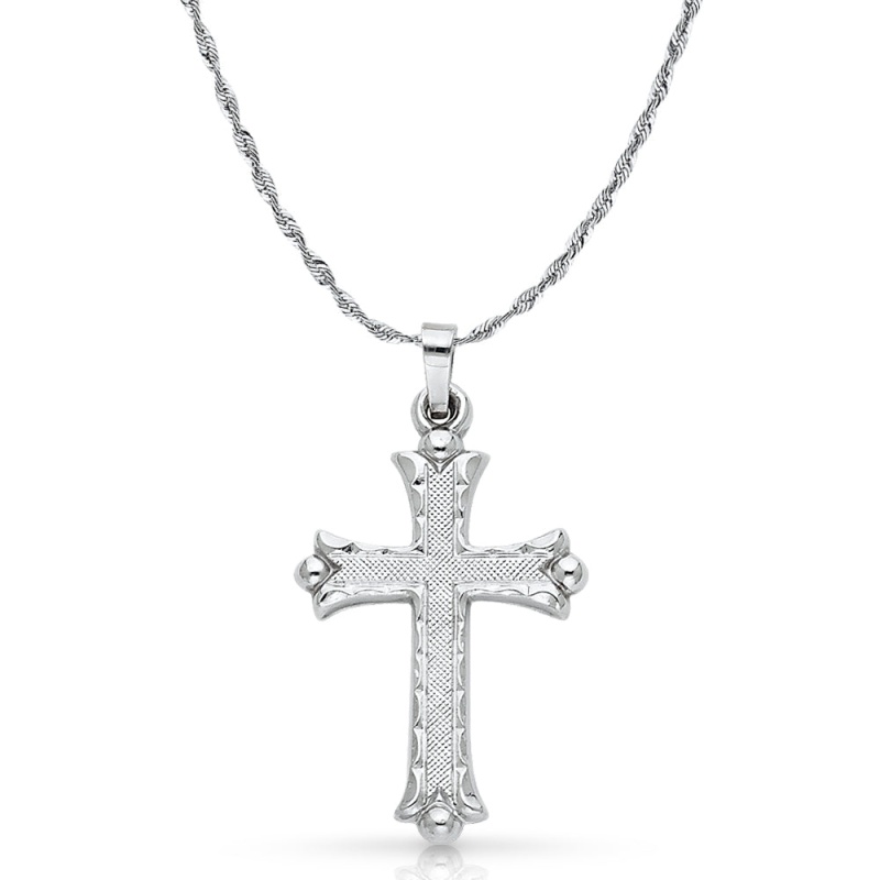 14K White Gold Cross Charm Pendant With 2.5Mm Rope Chain Necklace