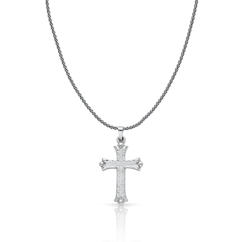 14K Gold Cross Charm Pendant With 1.1Mm Wheat Chain Necklace