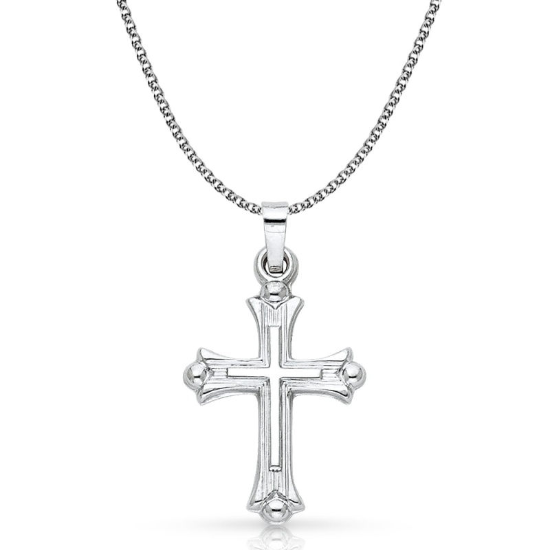 14K White Gold Cross Charm Pendant With 1.5Mm Flat Open Wheat Chain Necklace